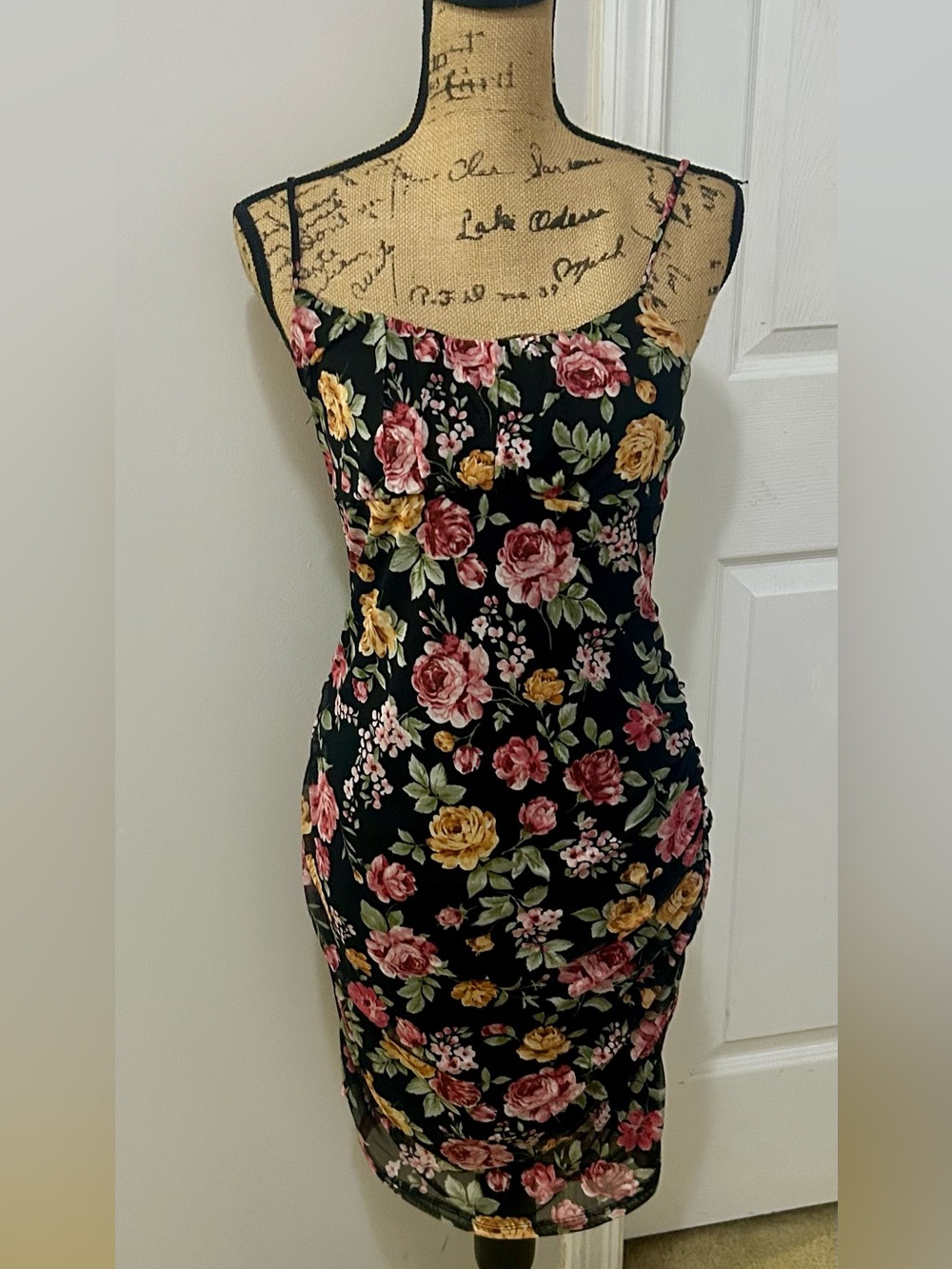 Fashion Nova Black Floral Midi Dress with Pink & Yellow Roses and Green Leaves